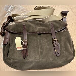 NEW Merci Paris Bleu de Chauffe Olive Green Suede Brown Leather Messenger Bag